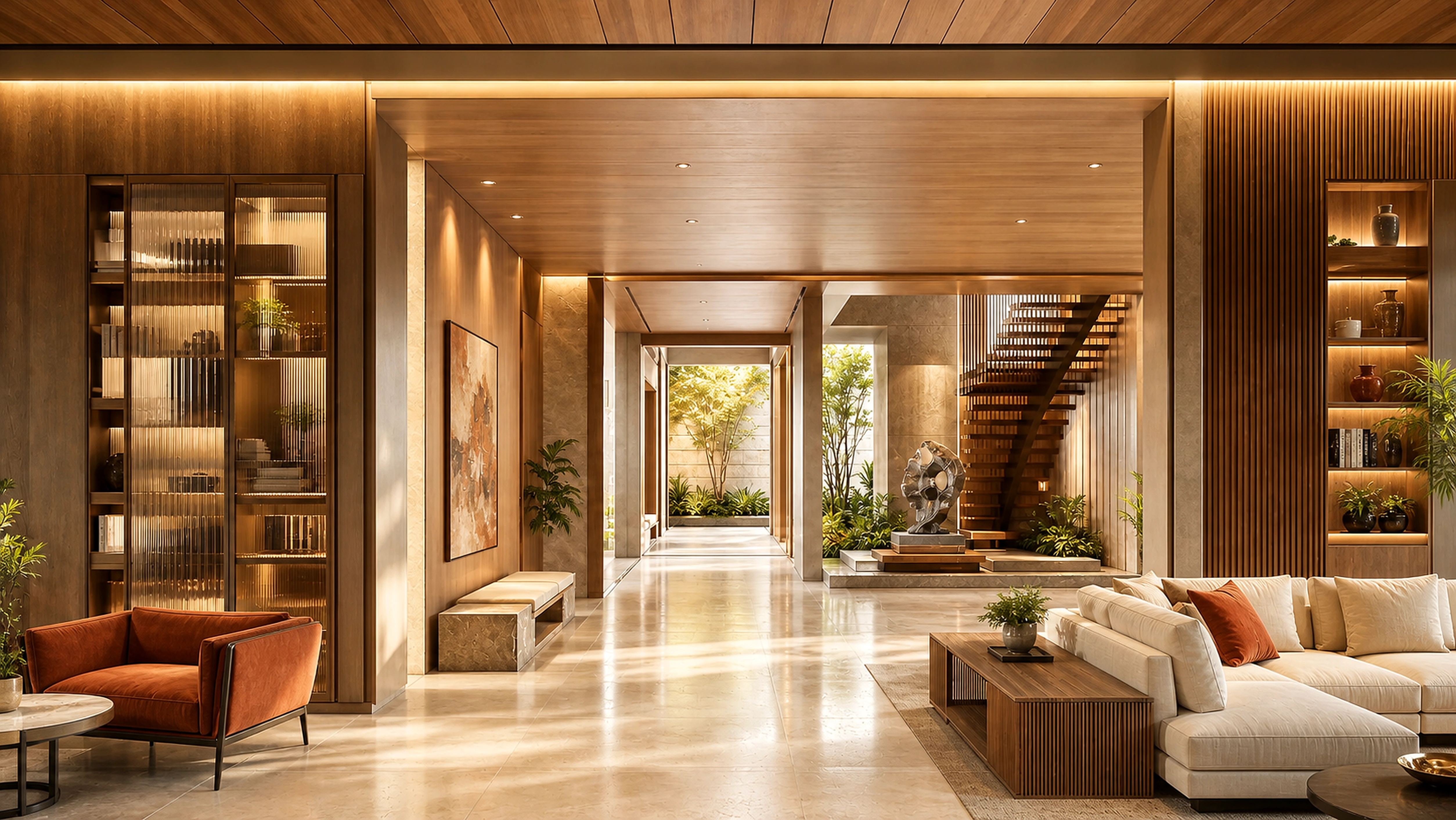 Bright contemporary luxury living room showcasing premium wood, veneer, glass and stone materials