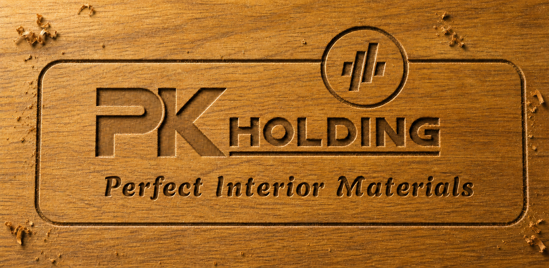 PK Holding logo carved into real teak wood